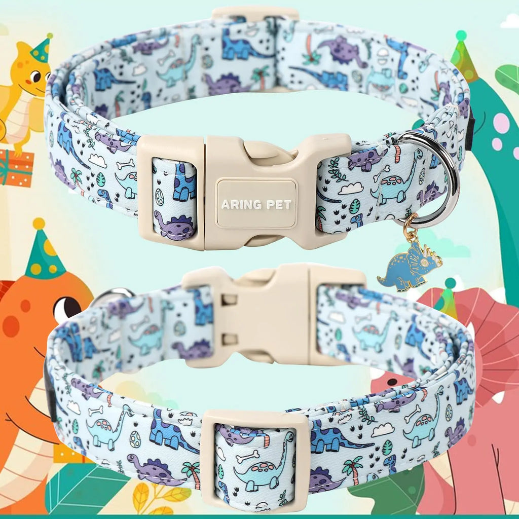 Adjustable Dinosaur Print Dog Collar for Spring - ARING PET Cute Blue Puppy Collar with Quick Release Buckle