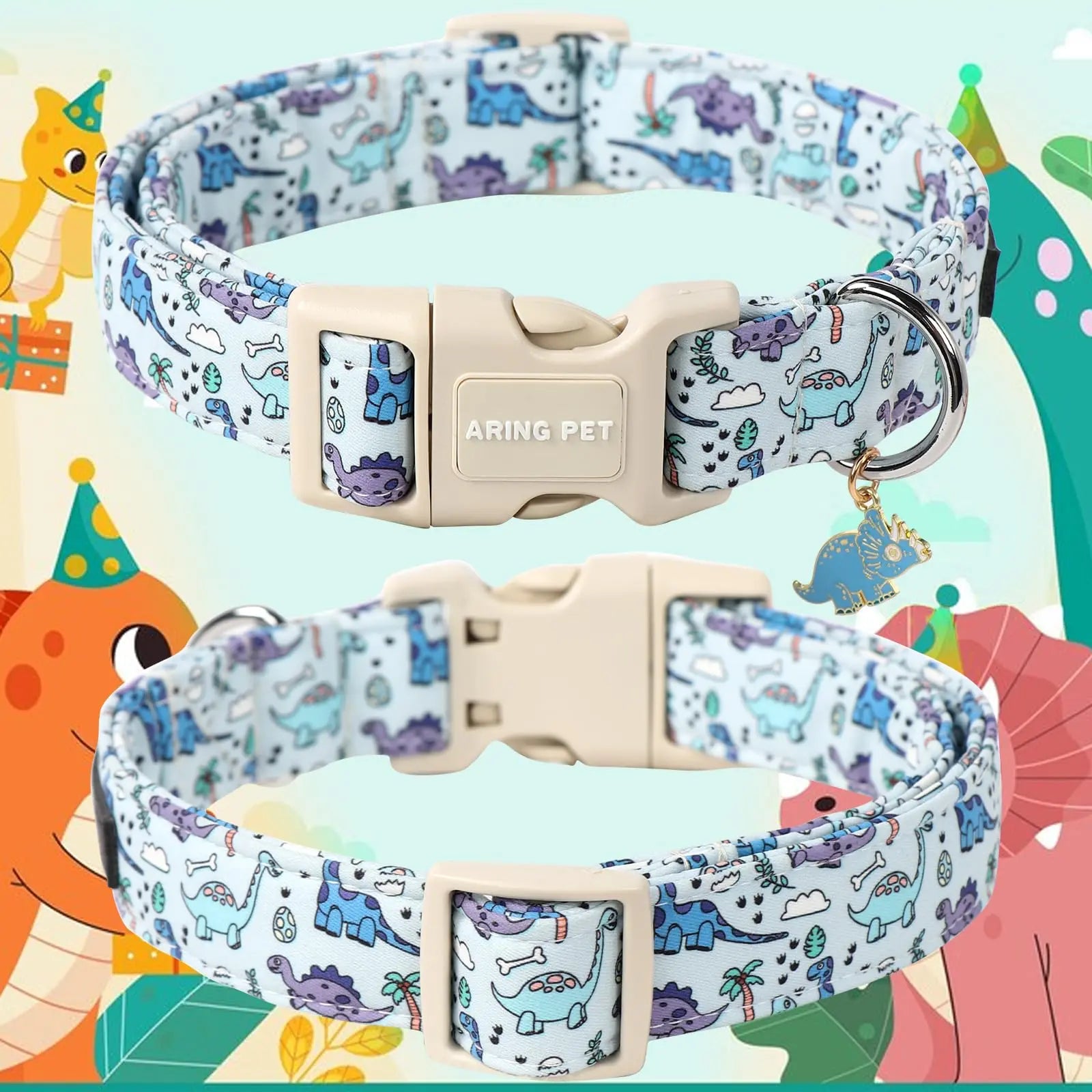 Adjustable Dinosaur Print Dog Collar for Spring - ARING PET Cute Blue Puppy Collar with Quick Release Buckle