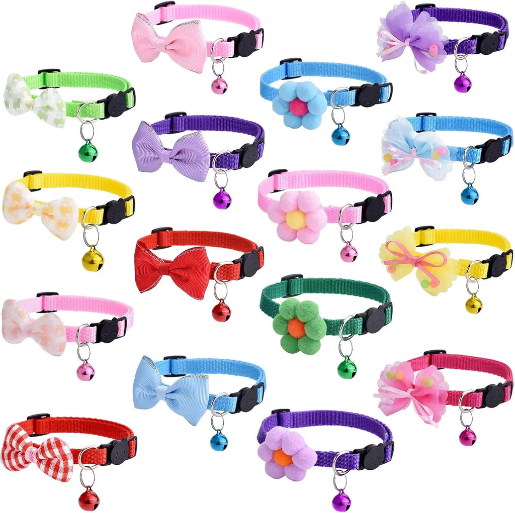 16-Piece Floral Cat Collar Set with Bells - Breakaway Safety Collars for Kittens and Adult Cats - Pink and Boy Designs