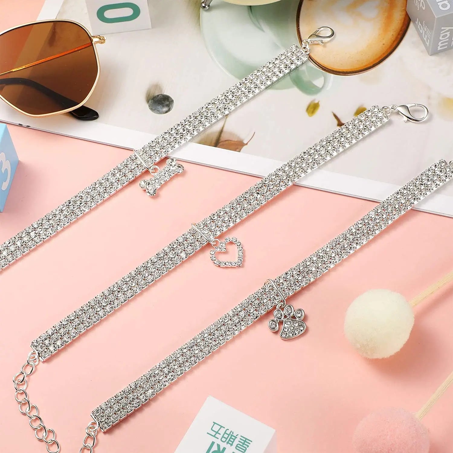 Weewooday 3-Piece Rhinestone Pet Collar Set with Adjustable Glitter Pendant for Small Dogs and Cats (White)