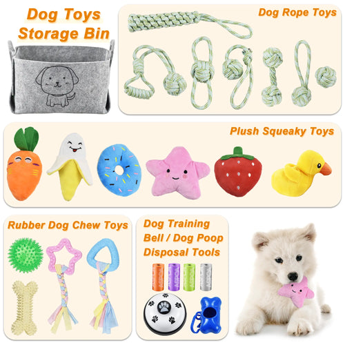 24-Pack Puppy Chew Toy Set with Storage Bin - Interactive Teething, Rope, and Squeaky Toys for Small and Medium Breeds