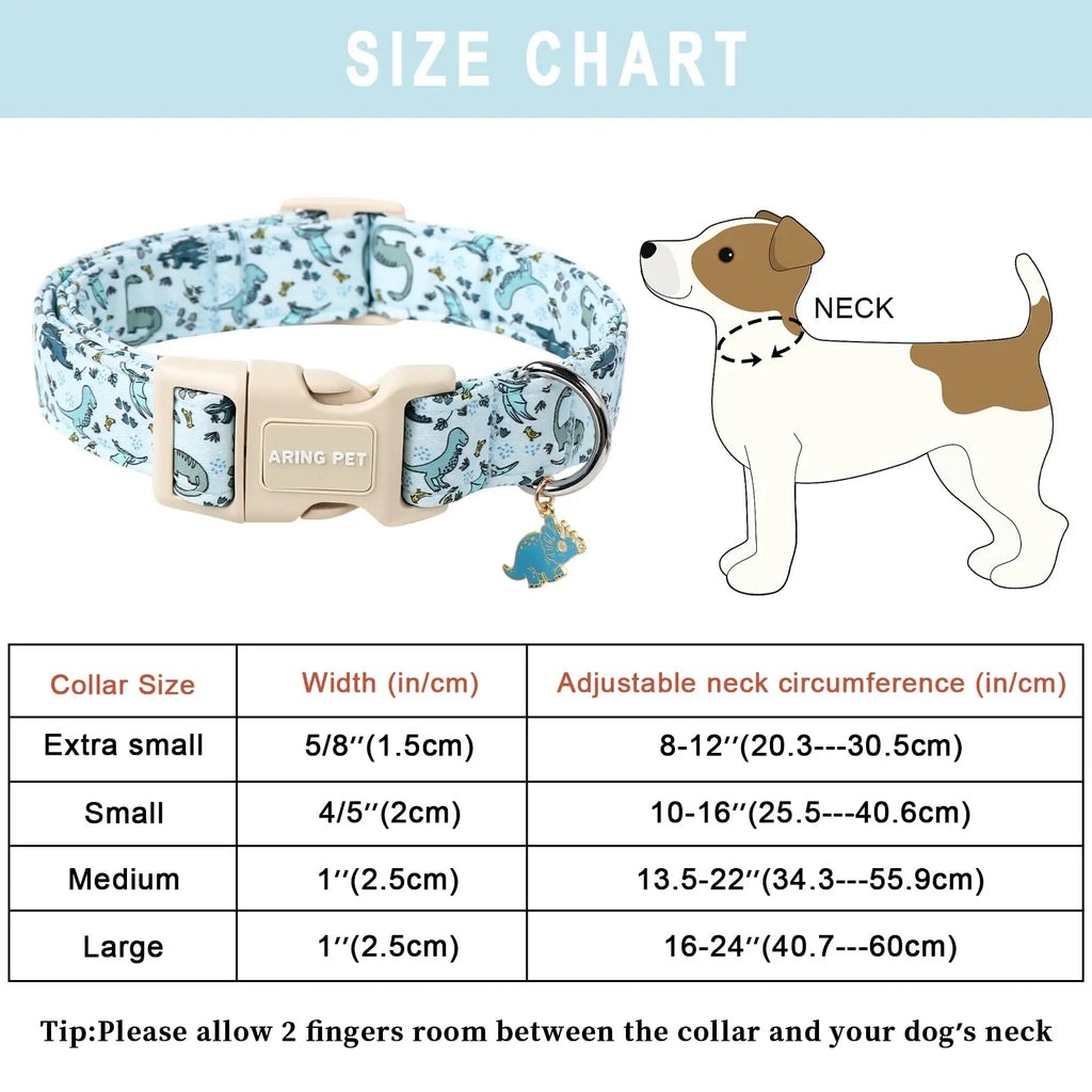Adjustable Dinosaur Print Dog Collar for Spring - ARING PET Cute Blue Puppy Collar with Quick Release Buckle