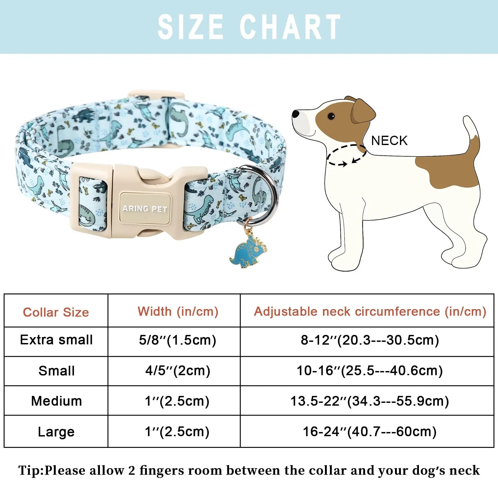 Adjustable Dinosaur Print Dog Collar for Spring - ARING PET Cute Blue Puppy Collar with Quick Release Buckle