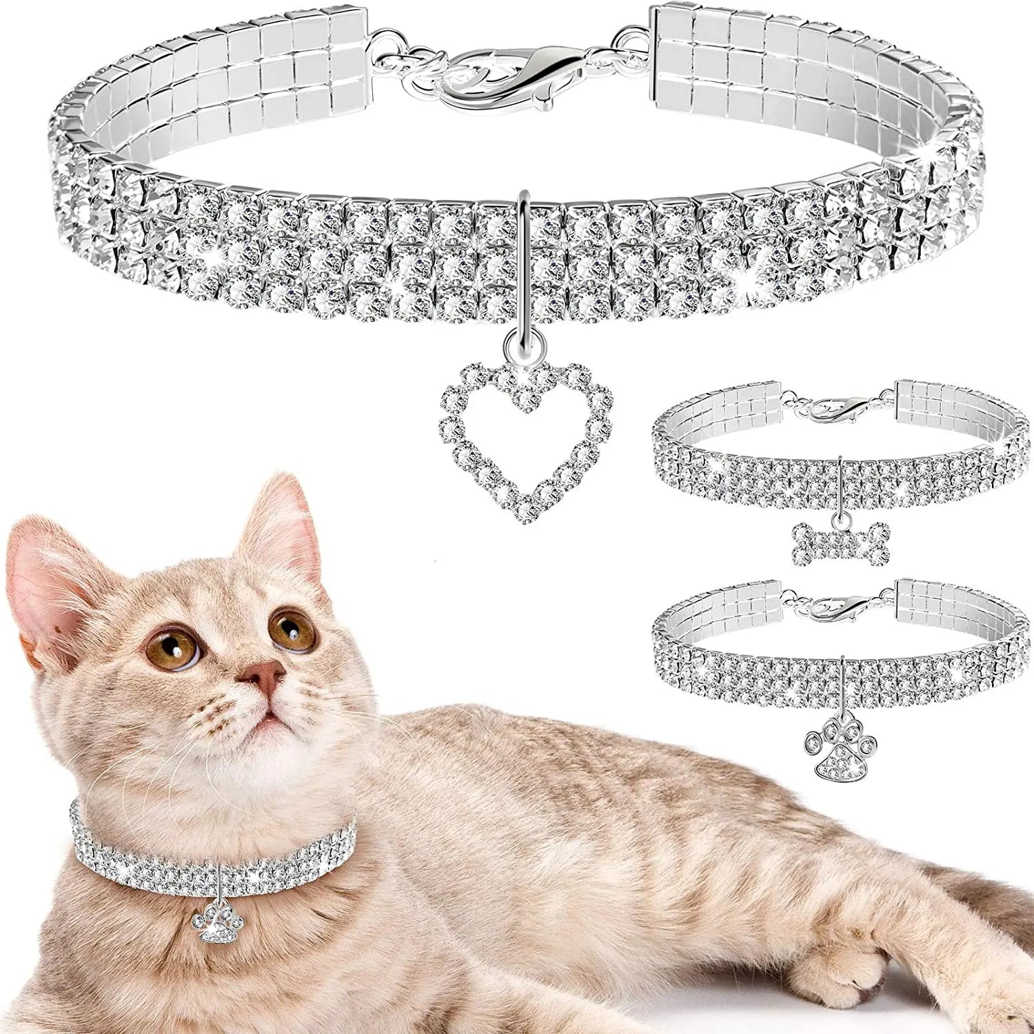 Weewooday 3-Piece Rhinestone Pet Collar Set with Adjustable Glitter Pendant for Small Dogs and Cats (White)