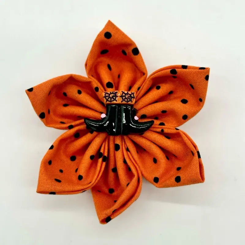 Halloween Floral Collars for Dogs and Cats - Available in 3 Inch and 4 Inch Sizes with Orange Polka Dot Design - Handcrafted Cotton Flowers for Festive Celebrations