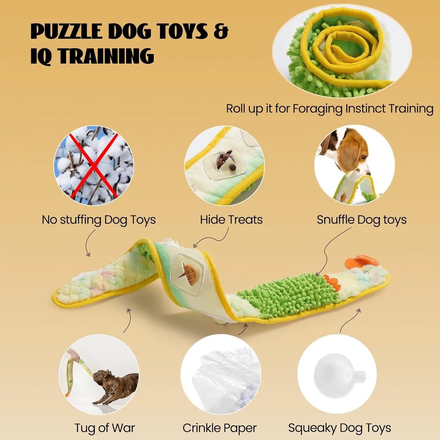 Nocciola No Stuffing EEL Crinkle Squeaky Dog Toys - Durable Tug of War Toys for Small to Large Dogs, Ideal for Engaging Playtime (Yellow)