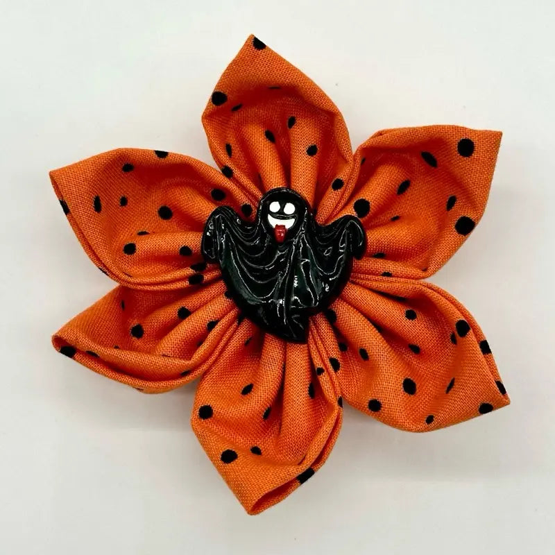 Halloween Floral Collars for Dogs and Cats - Available in 3 Inch and 4 Inch Sizes with Orange Polka Dot Design - Handcrafted Cotton Flowers for Festive Celebrations