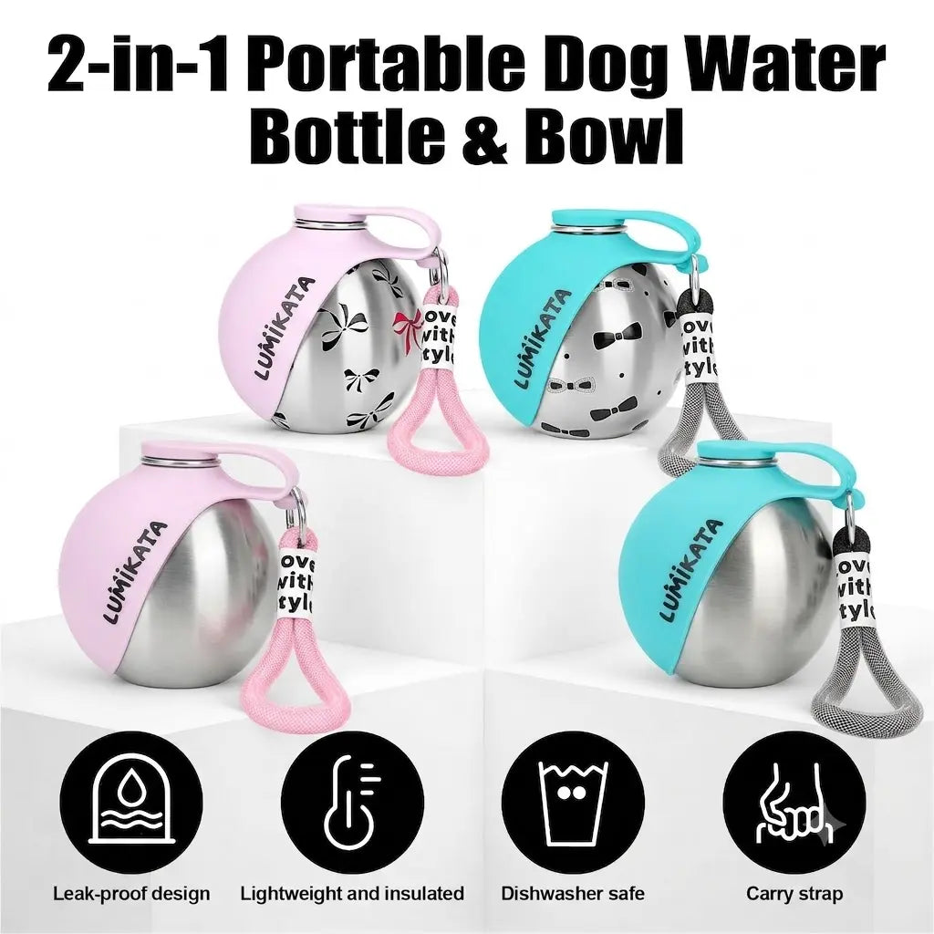 Lumikata 2-in-1 Portable Dog Water Bottle and Bowl - 10oz Stainless Steel Leak-Proof Hydration Solution for Pets on the Go