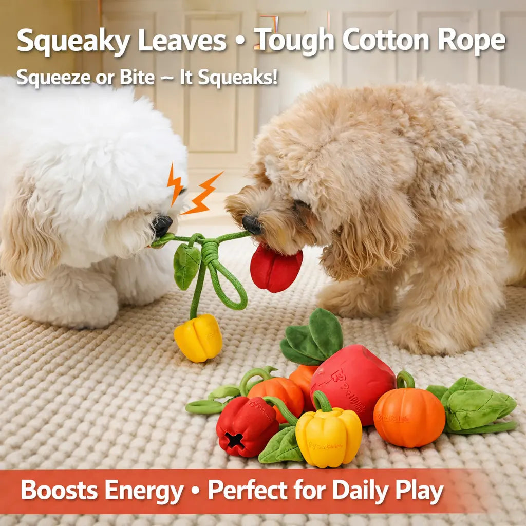 Pet Balloon Dog Chew Toy Vegetable Set - Natural Rubber Squeaky Toys with Cotton Rope for Interactive Play, Durable Treat Stuffable Toys for Small to Large Dogs