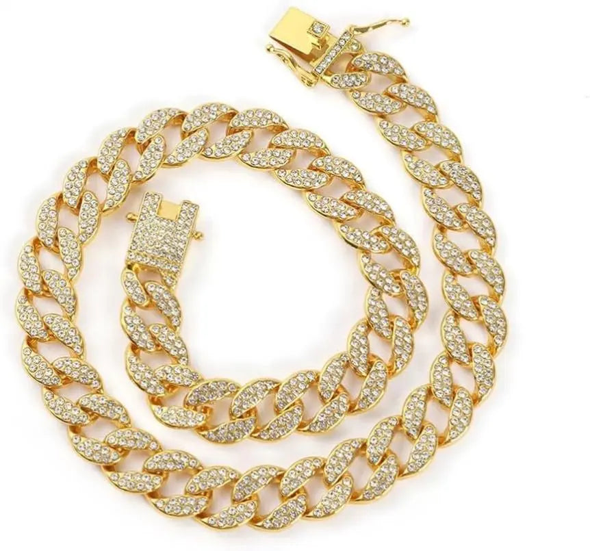 Gold Dog Chain Collars with Rhinestones - Sparkling Diamond Metal Cuban Link Collars for Small, Medium, and Large Dogs and Cats