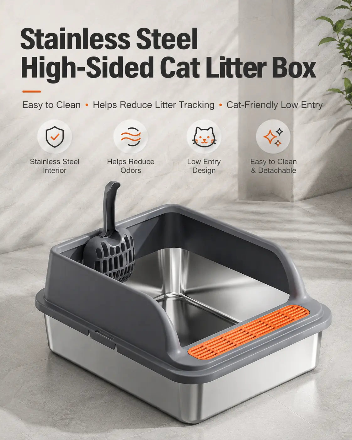 Extra Large Stainless Steel Cat Litter Box with Elevated Anti-Splash Fence and Semi-Enclosed Design for Enhanced Sand Control and Easy Maintenance