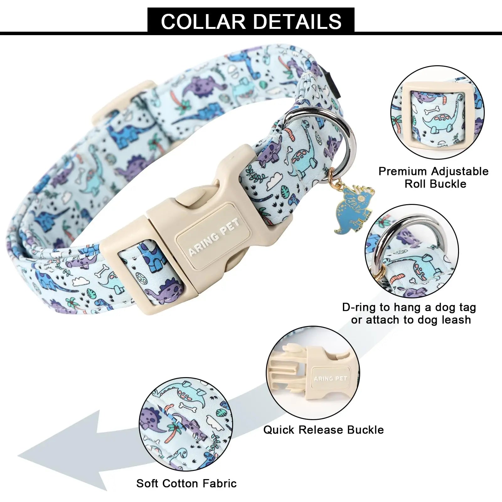 Adjustable Dinosaur Print Dog Collar for Spring - ARING PET Cute Blue Puppy Collar with Quick Release Buckle