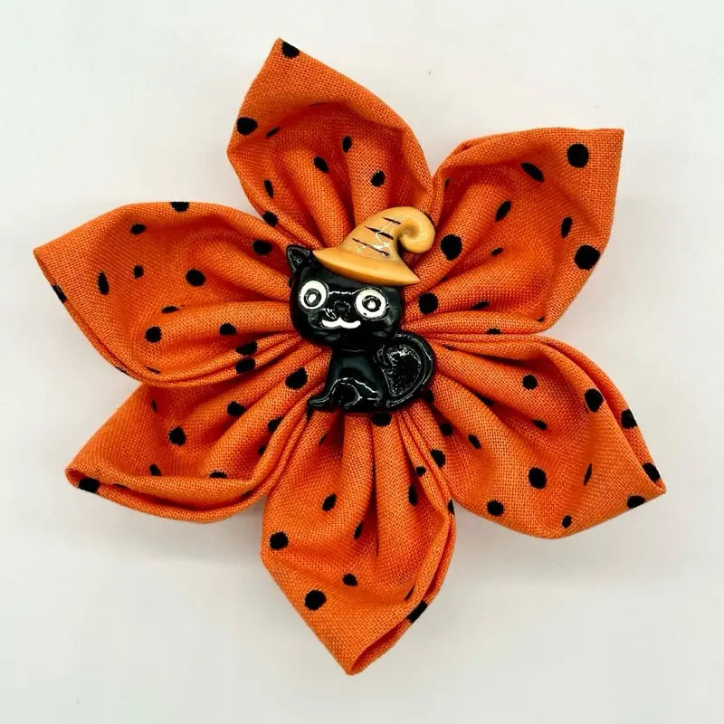 Halloween Floral Collars for Dogs and Cats - Available in 3 Inch and 4 Inch Sizes with Orange Polka Dot Design - Handcrafted Cotton Flowers for Festive Celebrations