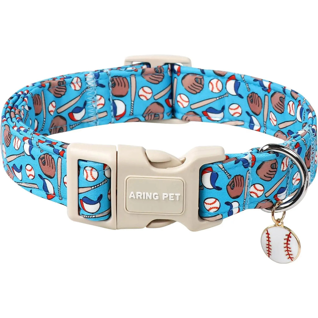 Adjustable Dinosaur Print Dog Collar for Spring - ARING PET Cute Blue Puppy Collar with Quick Release Buckle