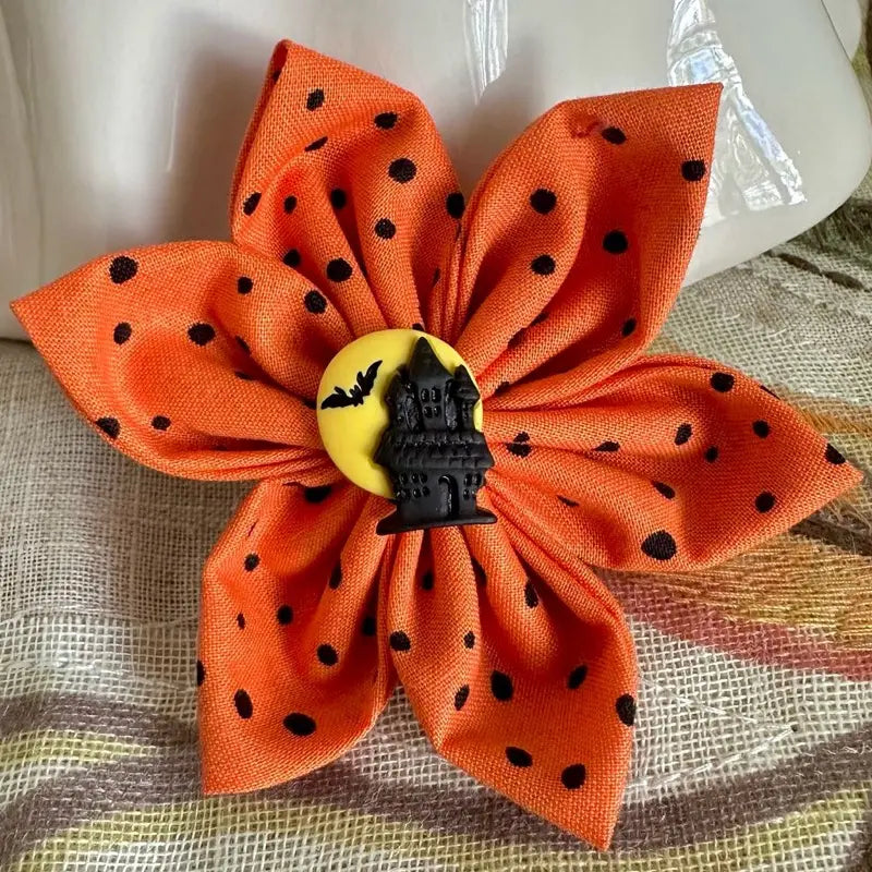 Halloween Floral Collars for Dogs and Cats - Available in 3 Inch and 4 Inch Sizes with Orange Polka Dot Design - Handcrafted Cotton Flowers for Festive Celebrations