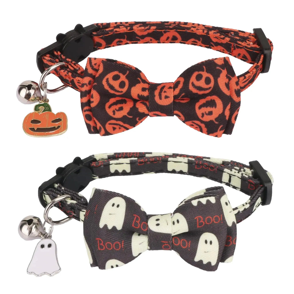 ADOGGYGO Halloween Cat Collar Set with Bowtie and Bell - 2 Pack of Removable Pumpkin and Ghost Collars for Cats and Kittens