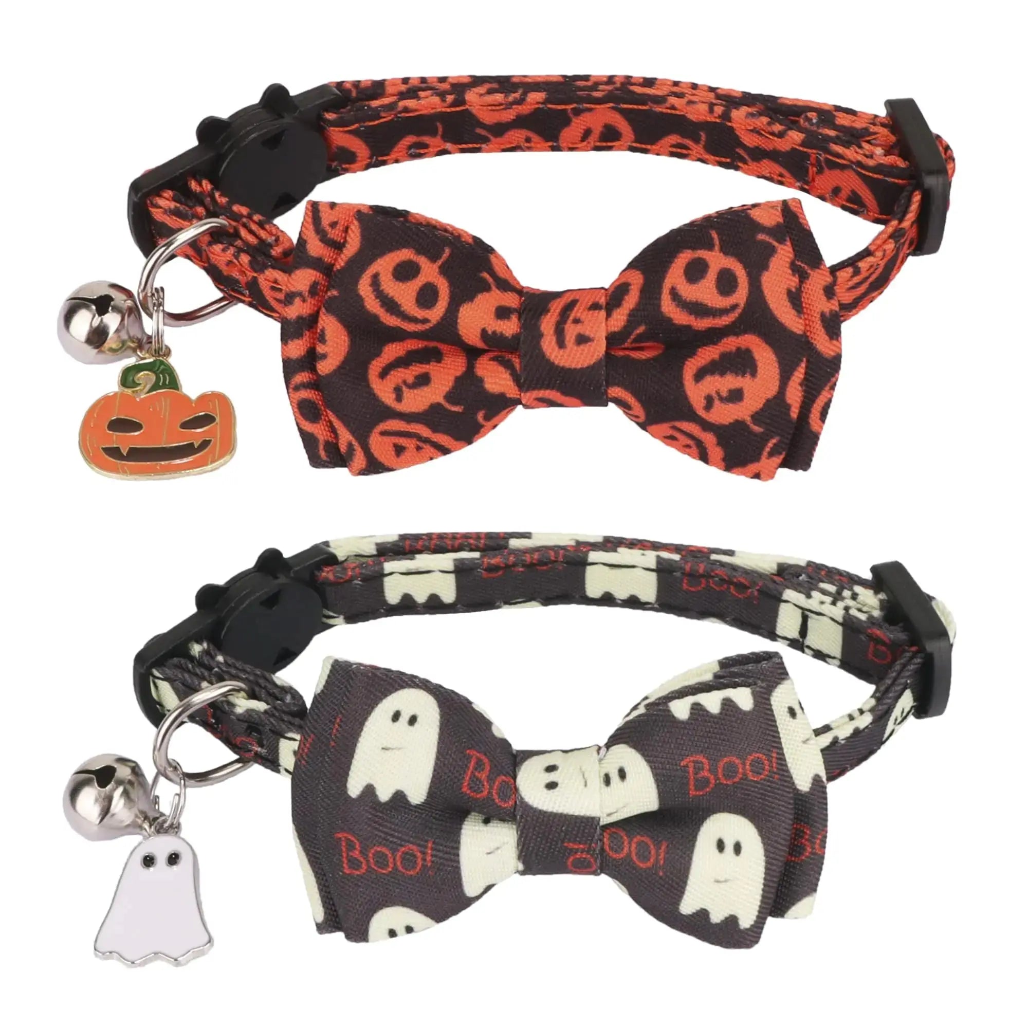 ADOGGYGO Halloween Cat Collar Set with Bowtie and Bell - 2 Pack of Removable Pumpkin and Ghost Collars for Cats and Kittens