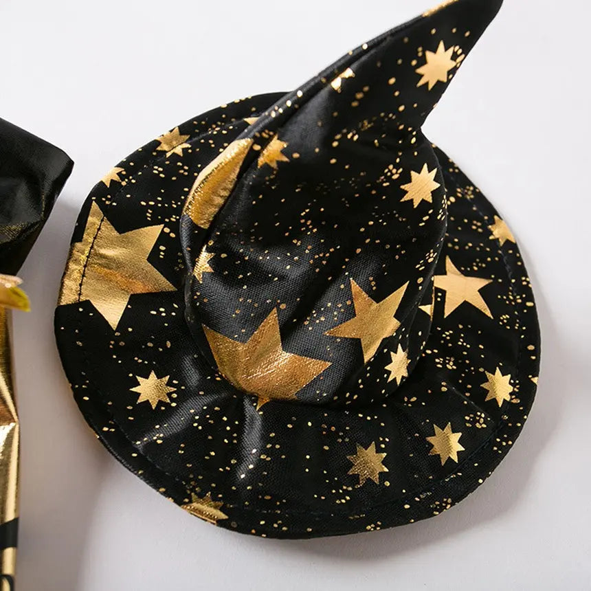 Elegant Halloween Witch Costume for Cats - Black and Gold Polyester Outfit with Magic Hat, Star Pattern Cape, and Matching Collar for Small to Extra Small Breeds