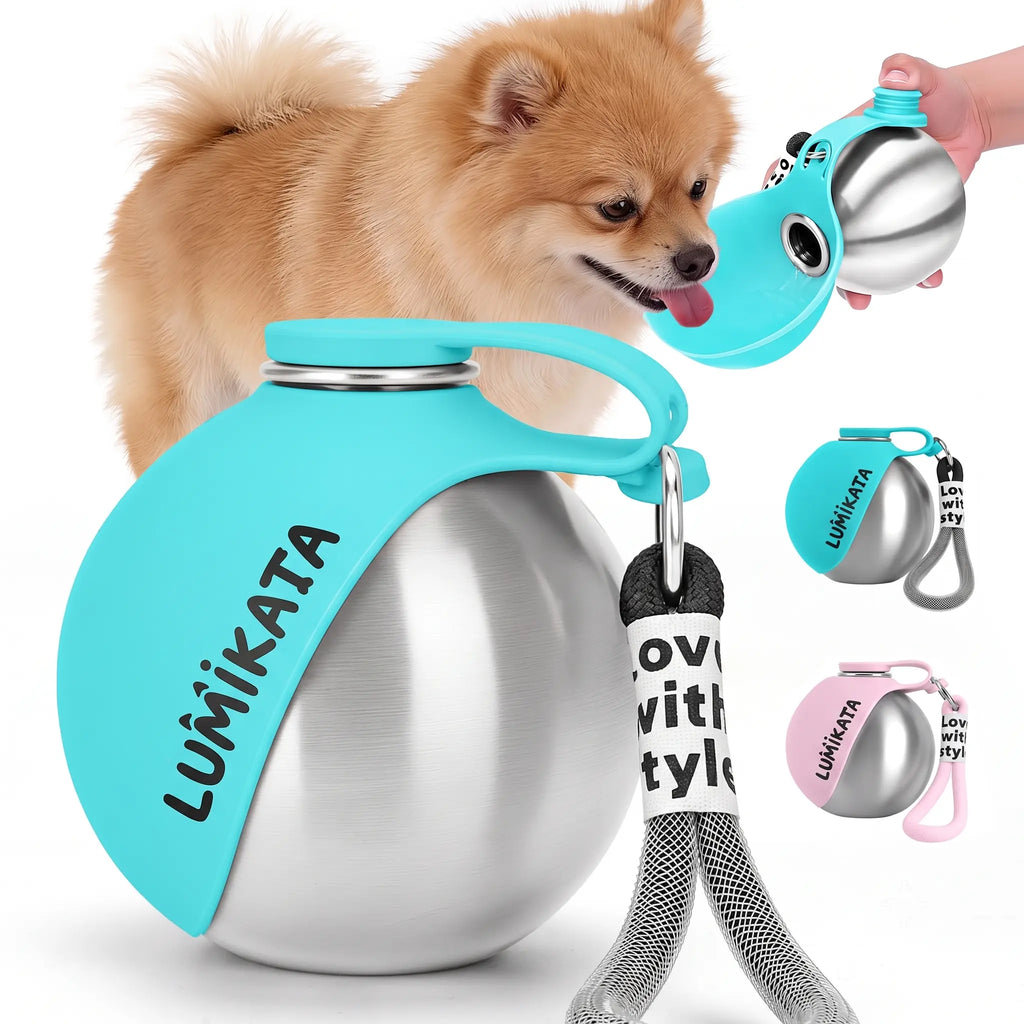 Lumikata 2-in-1 Portable Dog Water Bottle and Bowl - 10oz Stainless Steel Leak-Proof Hydration Solution for Pets on the Go