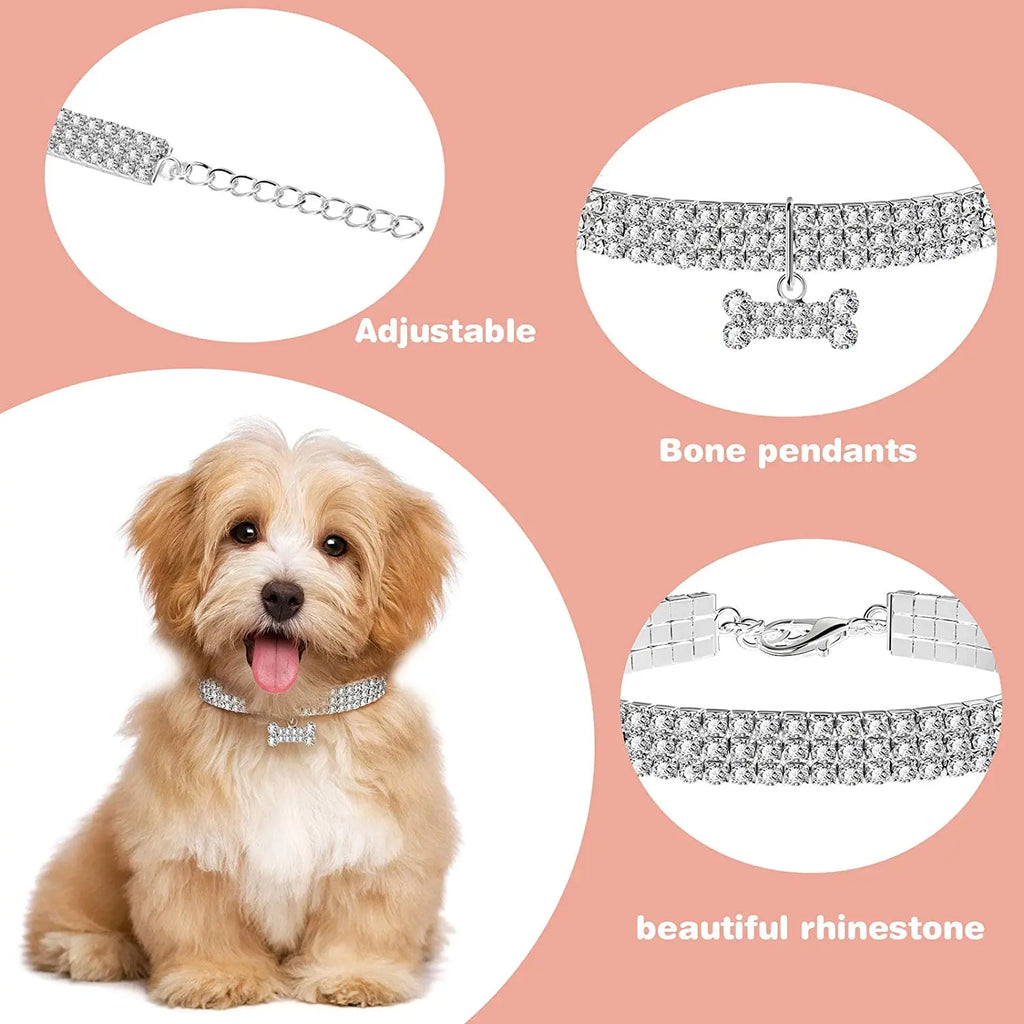 Weewooday 3-Piece Rhinestone Pet Collar Set with Adjustable Glitter Pendant for Small Dogs and Cats (White)