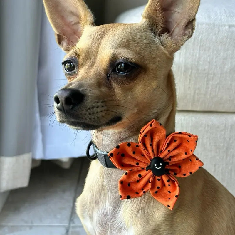 Halloween Floral Collars for Dogs and Cats - Available in 3 Inch and 4 Inch Sizes with Orange Polka Dot Design - Handcrafted Cotton Flowers for Festive Celebrations