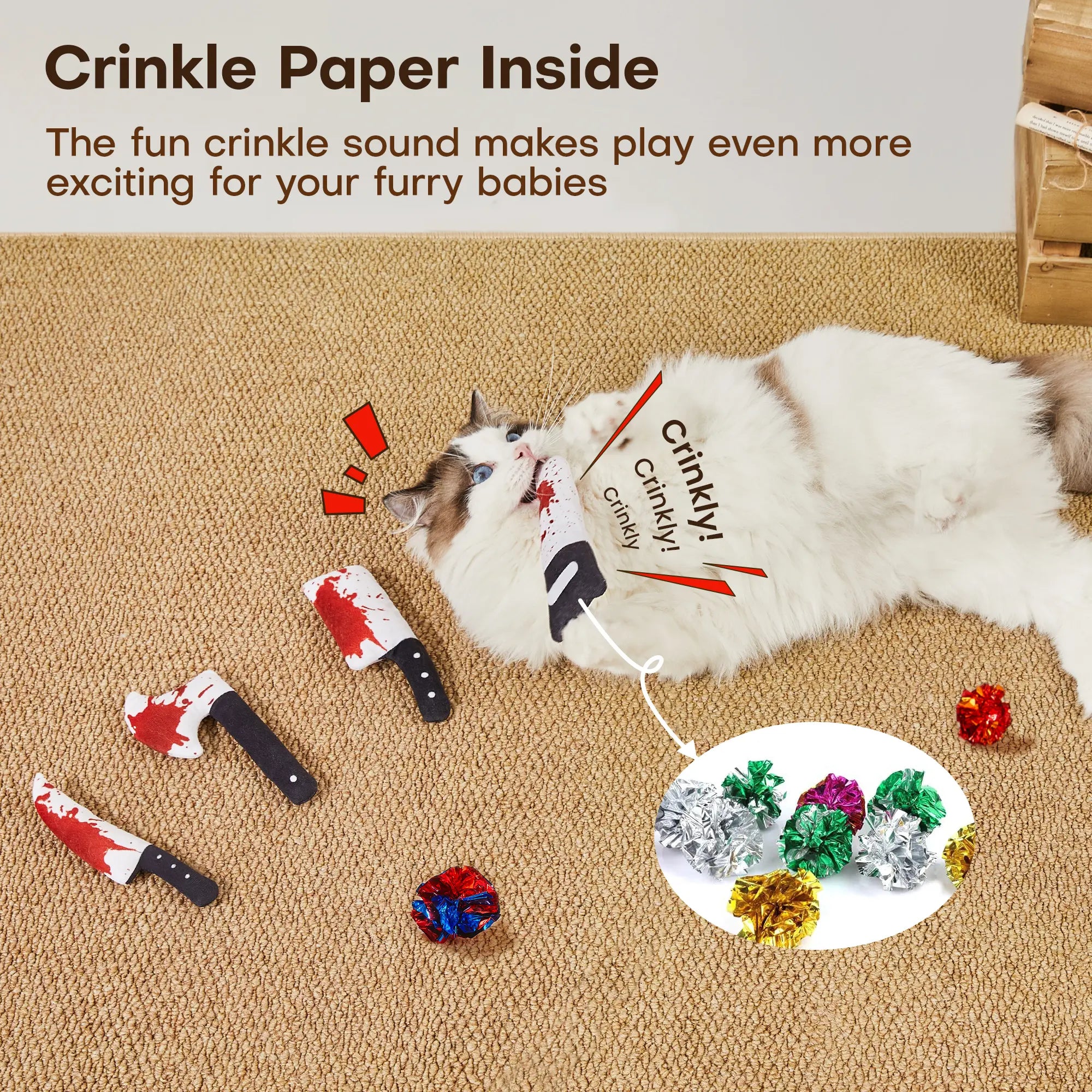 Potaroma 4-Piece Halloween-Themed Knife-Shaped Cat Crinkle Toys, 6.5 Inch Soft Sound Toys for Interactive Indoor Play, Suitable for All Cat Breeds