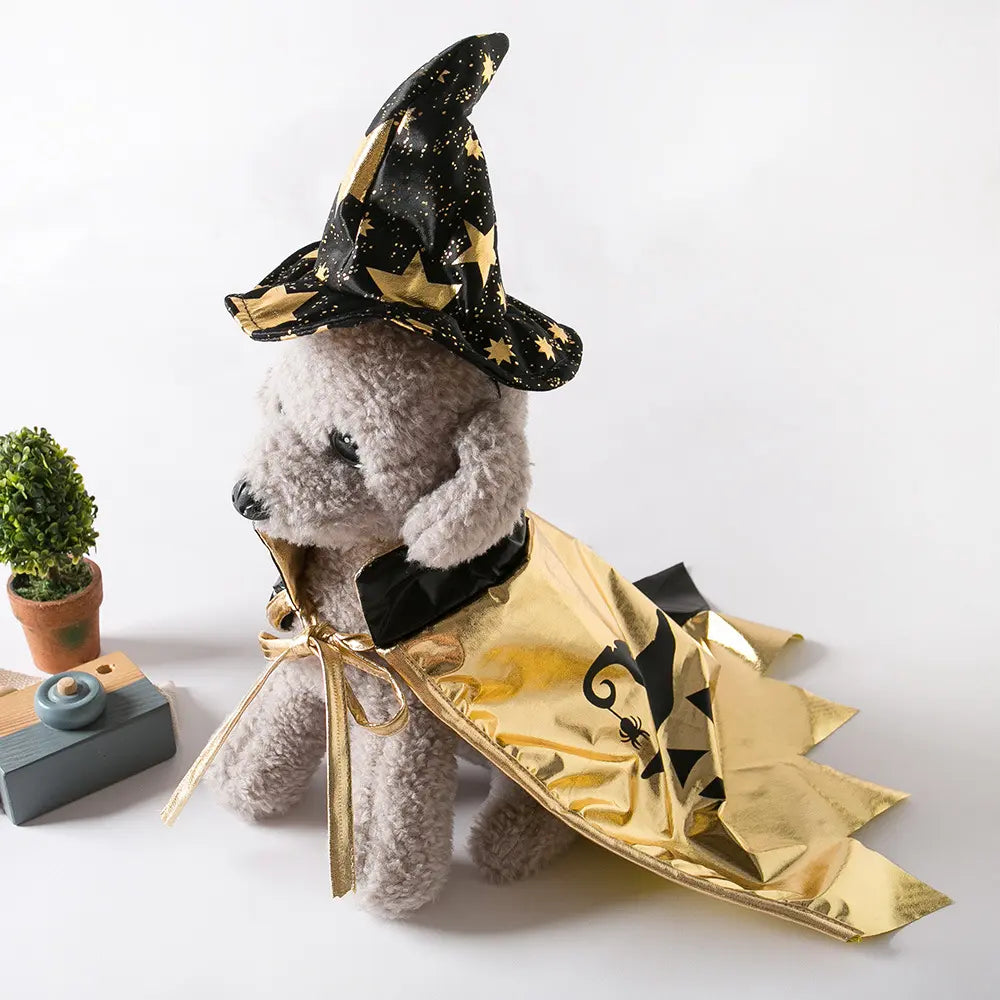Elegant Halloween Witch Costume for Cats - Black and Gold Polyester Outfit with Magic Hat, Star Pattern Cape, and Matching Collar for Small to Extra Small Breeds