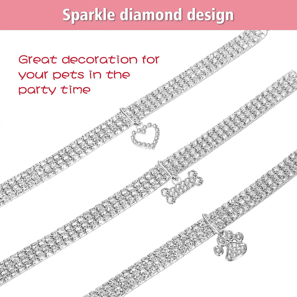 Weewooday 3-Piece Rhinestone Pet Collar Set with Adjustable Glitter Pendant for Small Dogs and Cats (White)