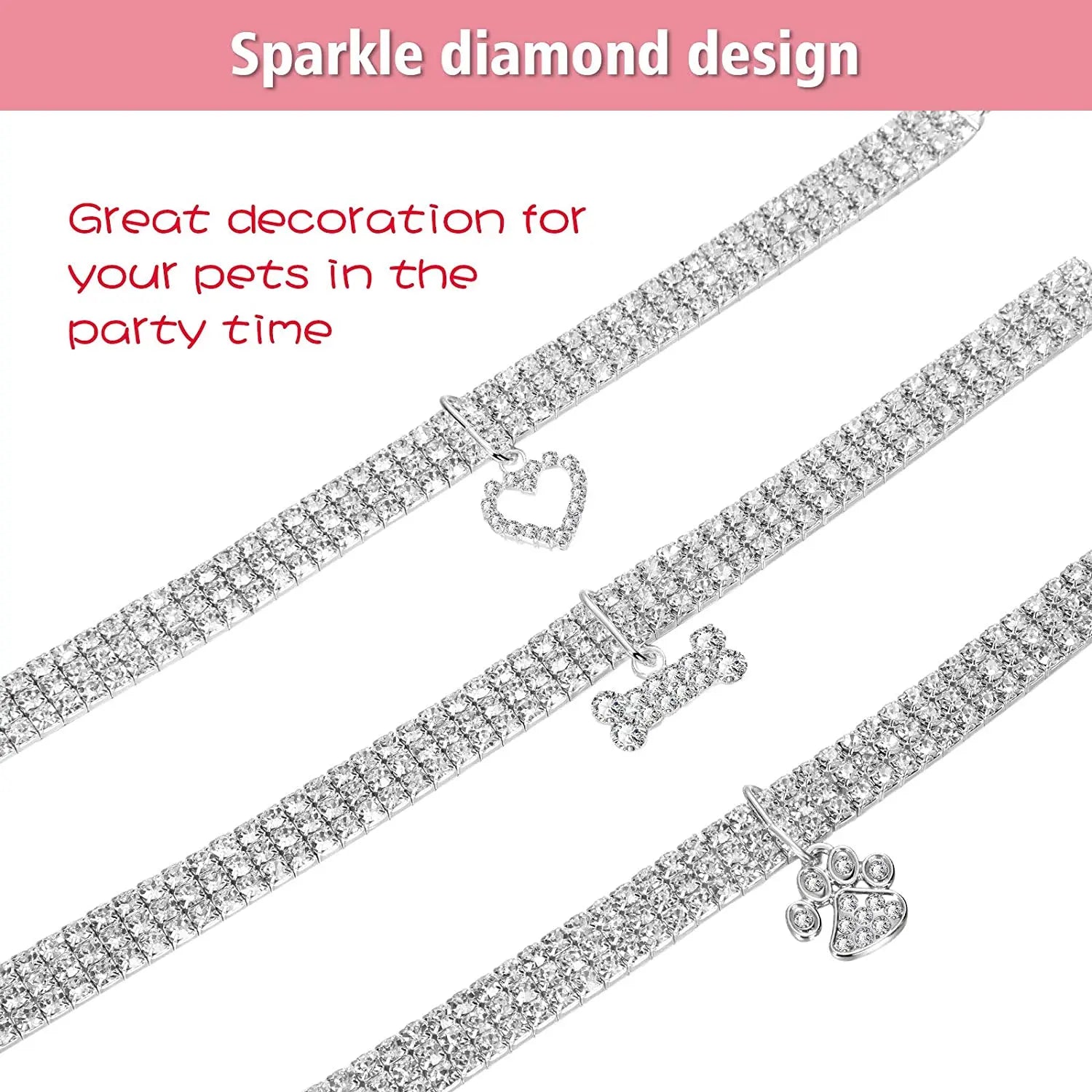 Weewooday 3-Piece Rhinestone Pet Collar Set with Adjustable Glitter Pendant for Small Dogs and Cats (White)