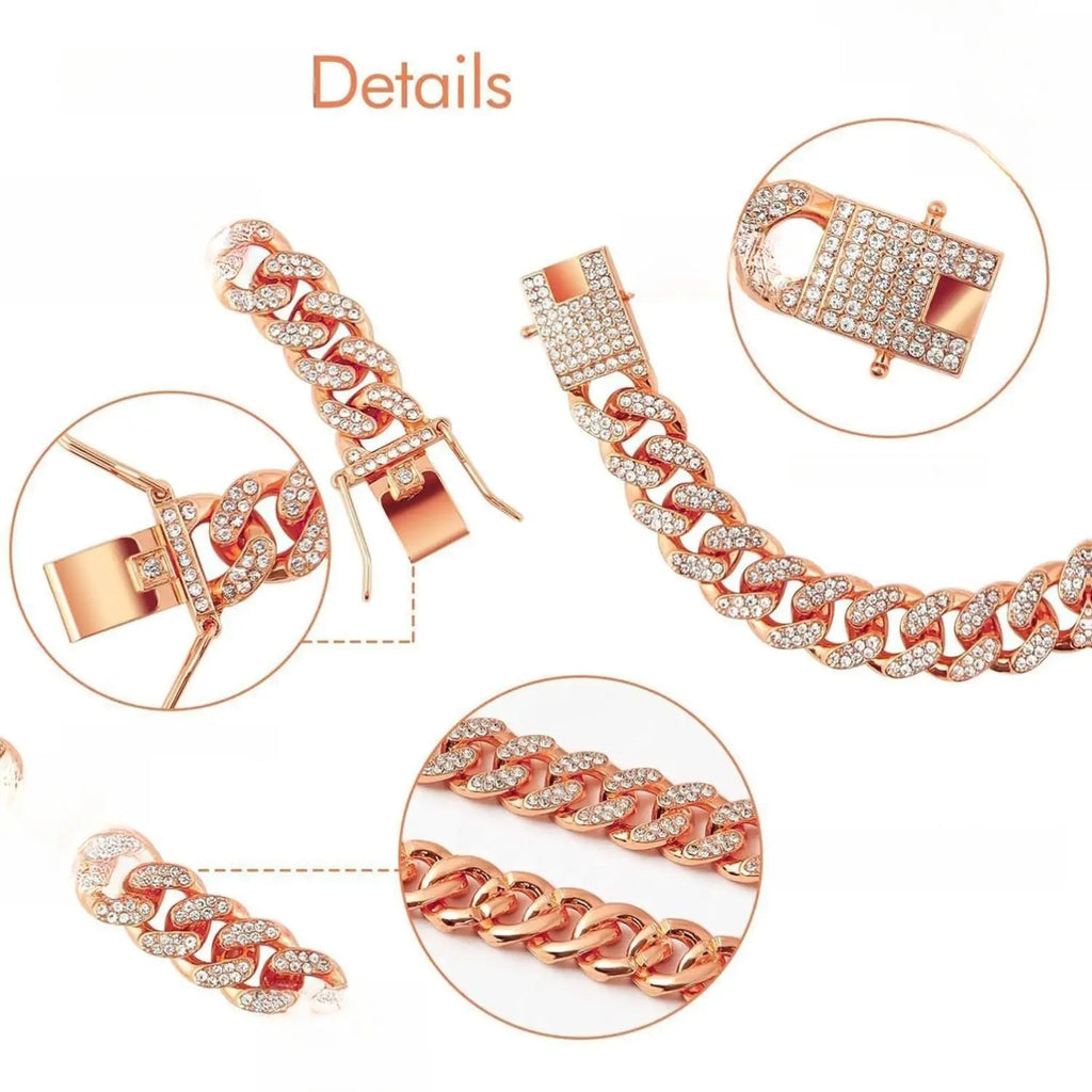 Gold Dog Chain Collars with Rhinestones - Sparkling Diamond Metal Cuban Link Collars for Small, Medium, and Large Dogs and Cats
