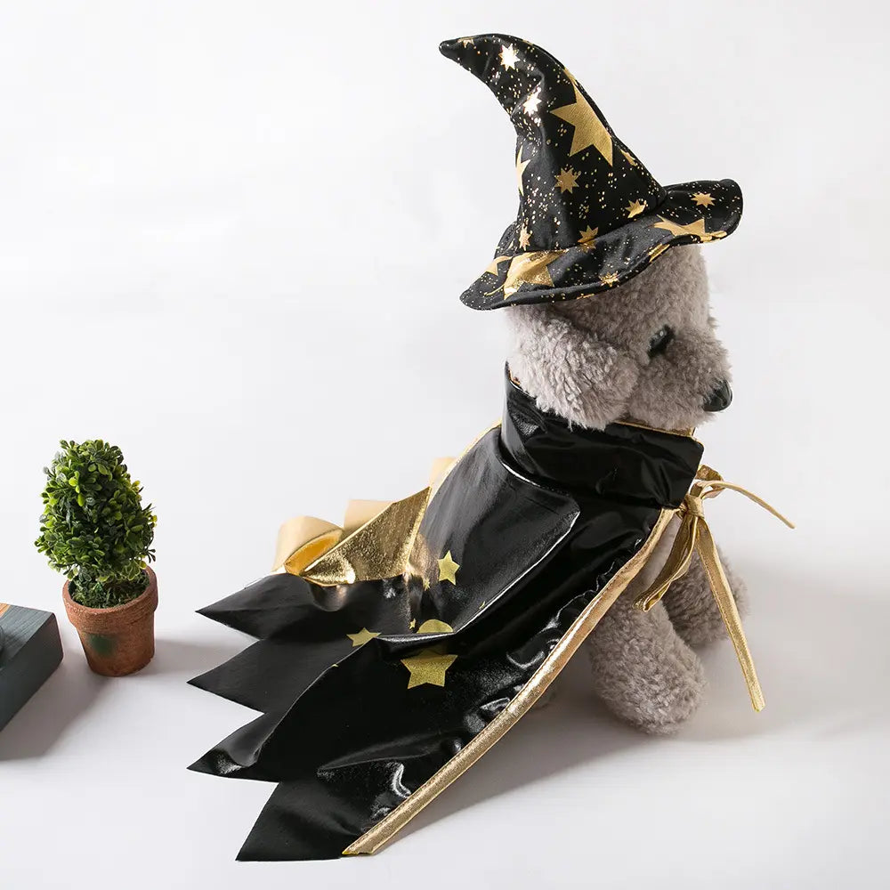 Elegant Halloween Witch Costume for Cats - Black and Gold Polyester Outfit with Magic Hat, Star Pattern Cape, and Matching Collar for Small to Extra Small Breeds