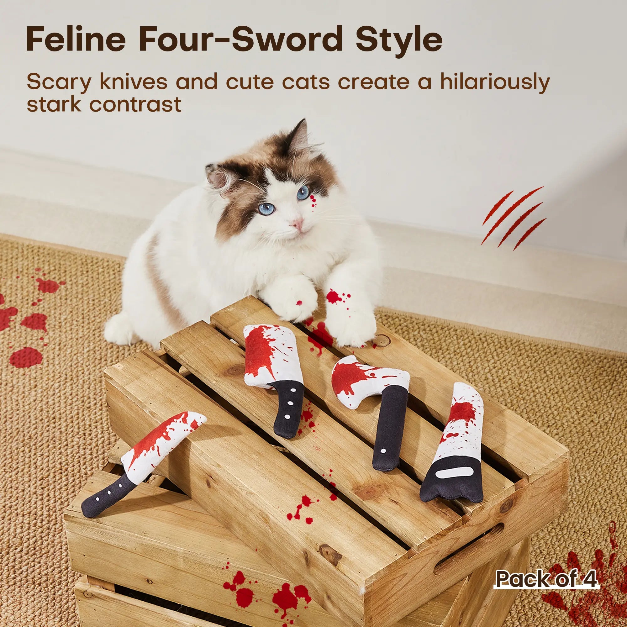 Potaroma 4-Piece Halloween-Themed Knife-Shaped Cat Crinkle Toys, 6.5 Inch Soft Sound Toys for Interactive Indoor Play, Suitable for All Cat Breeds