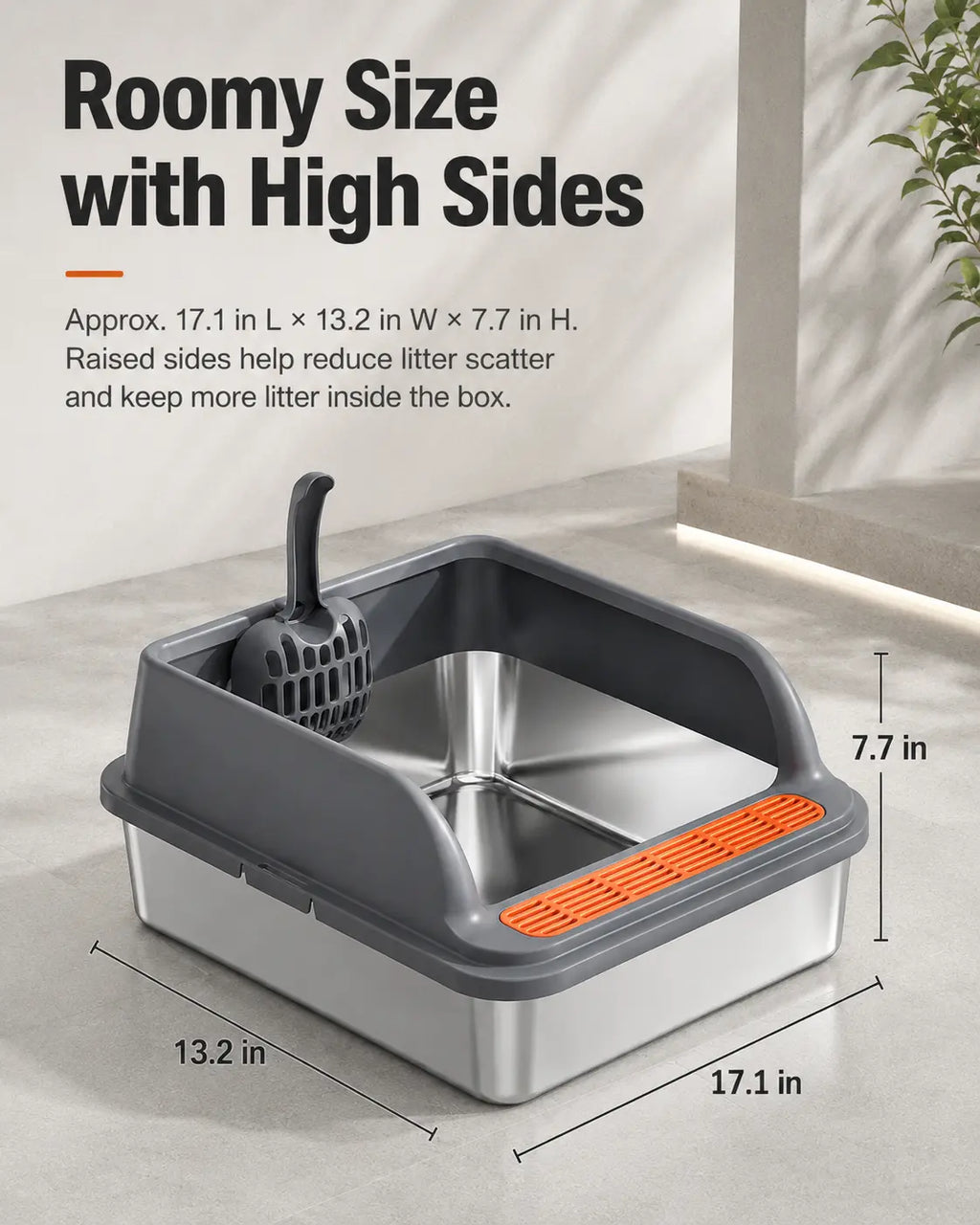 Extra Large Stainless Steel Cat Litter Box with Elevated Anti-Splash Fence and Semi-Enclosed Design for Enhanced Sand Control and Easy Maintenance