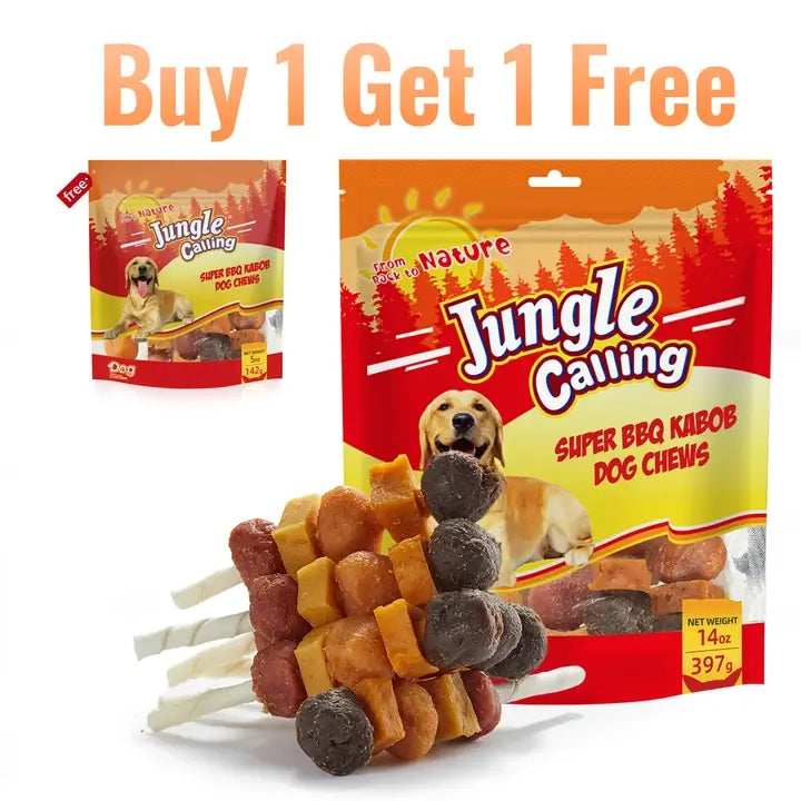 Indulge Your Dog with Buy 1 Get 1 Free Jungle Calling Kabob Treats - Delicious Chicken, Duck, Beef, Sweet Potato & Pumpkin Chews!