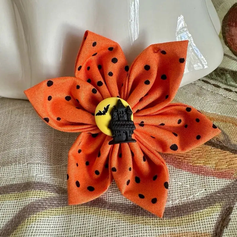 Halloween Floral Collars for Dogs and Cats - Available in 3 Inch and 4 Inch Sizes with Orange Polka Dot Design - Handcrafted Cotton Flowers for Festive Celebrations