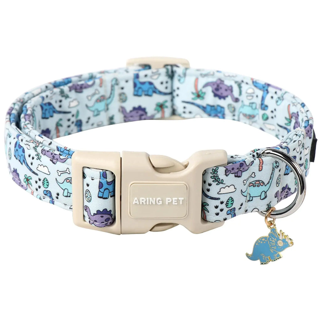Adjustable Dinosaur Print Dog Collar for Spring - ARING PET Cute Blue Puppy Collar with Quick Release Buckle