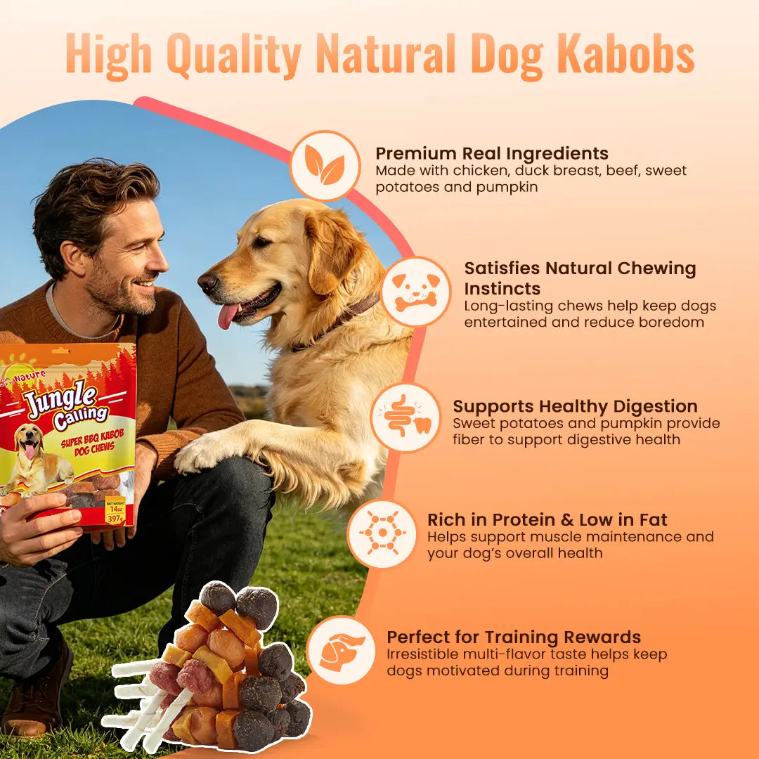 Indulge Your Dog with Buy 1 Get 1 Free Jungle Calling Kabob Treats - Delicious Chicken, Duck, Beef, Sweet Potato & Pumpkin Chews!