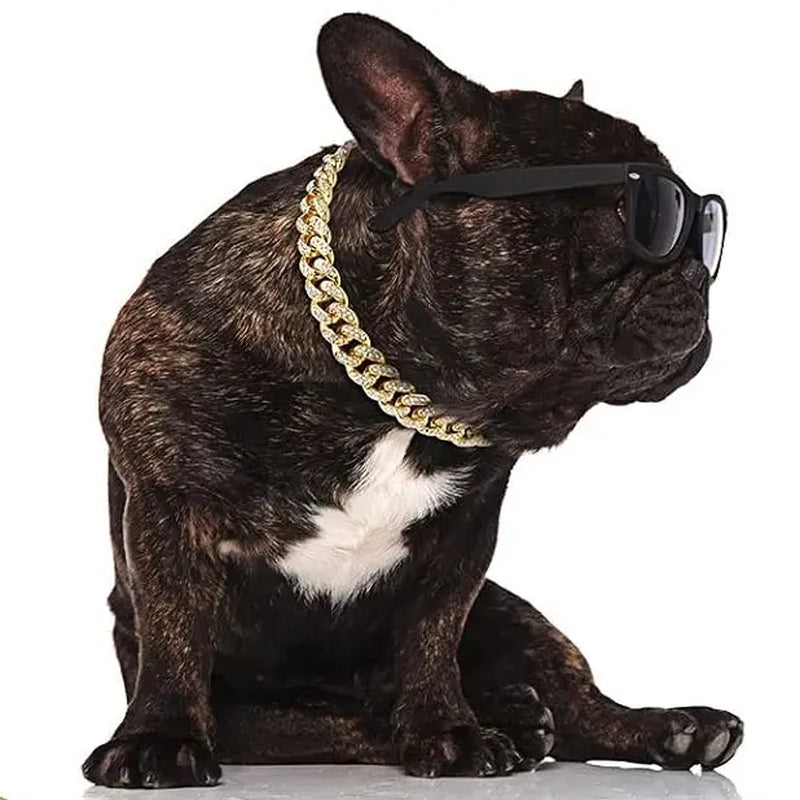 Gold Dog Chain Collars with Rhinestones - Sparkling Diamond Metal Cuban Link Collars for Small, Medium, and Large Dogs and Cats