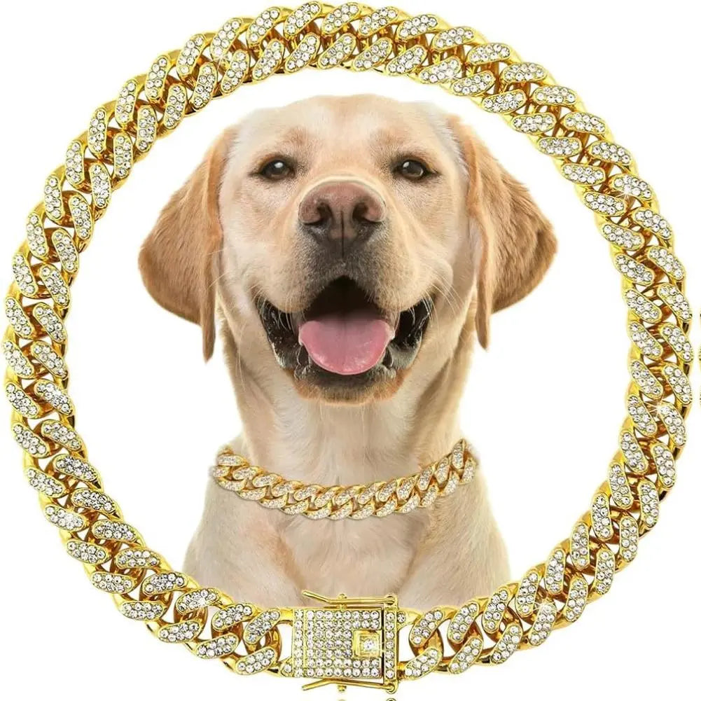 Gold Dog Chain Collars with Rhinestones - Sparkling Diamond Metal Cuban Link Collars for Small, Medium, and Large Dogs and Cats