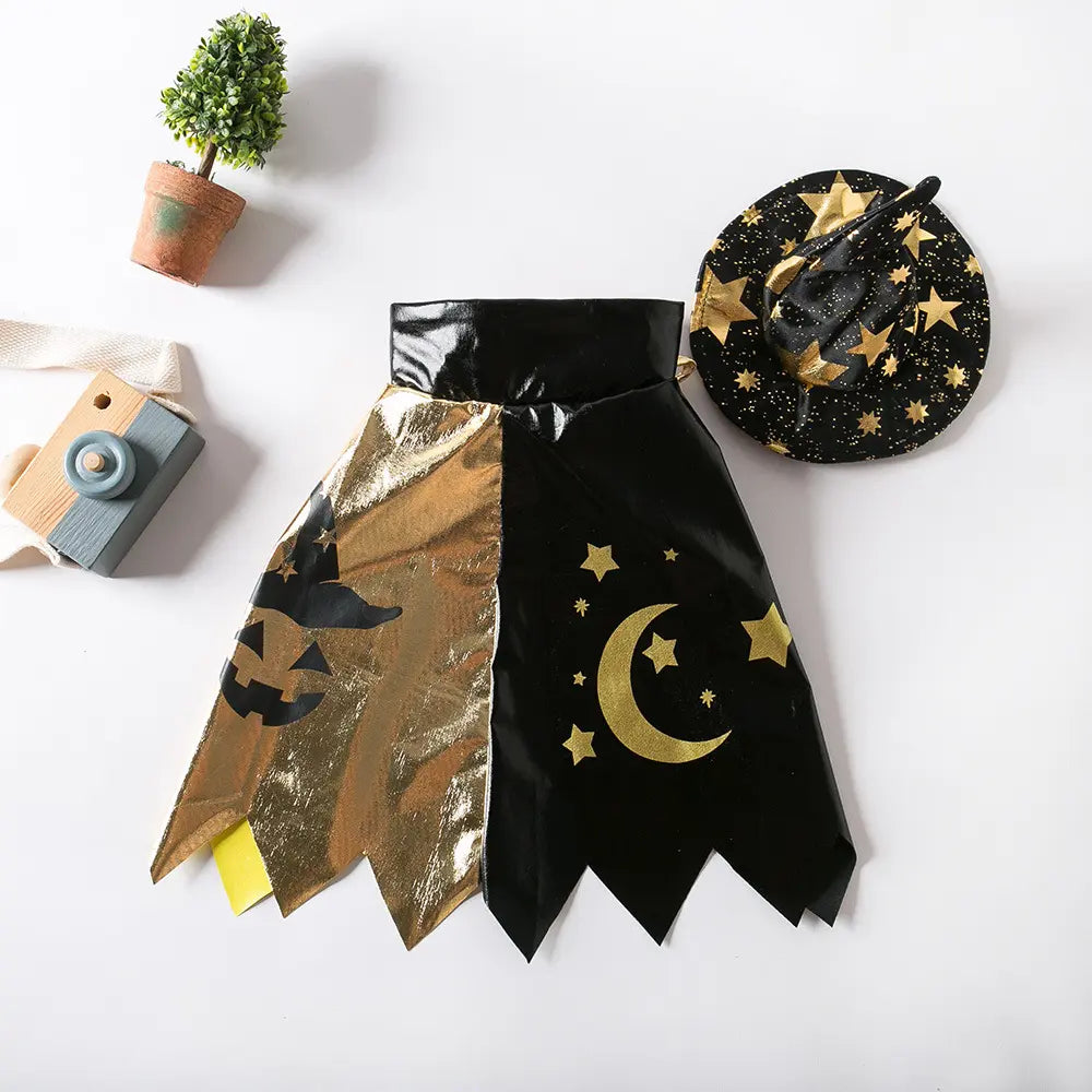 Elegant Halloween Witch Costume for Cats - Black and Gold Polyester Outfit with Magic Hat, Star Pattern Cape, and Matching Collar for Small to Extra Small Breeds
