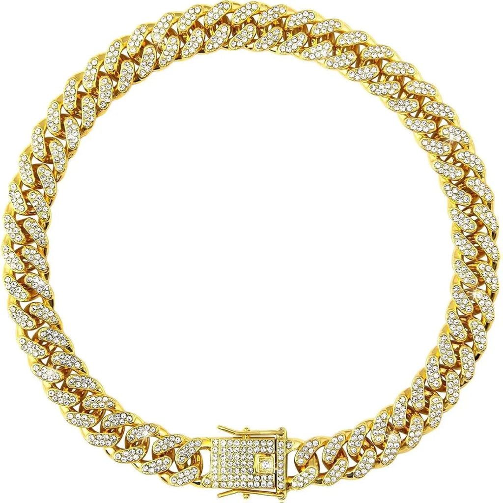 Gold Dog Chain Collars with Rhinestones - Sparkling Diamond Metal Cuban Link Collars for Small, Medium, and Large Dogs and Cats