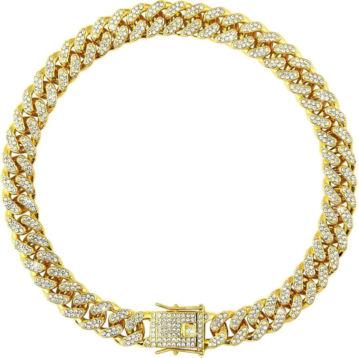 Gold Dog Chain Collars with Rhinestones - Sparkling Diamond Metal Cuban Link Collars for Small, Medium, and Large Dogs and Cats