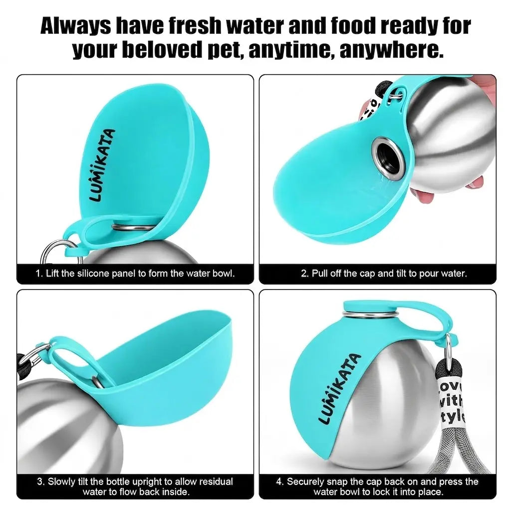 Lumikata 2-in-1 Portable Dog Water Bottle and Bowl - 10oz Stainless Steel Leak-Proof Hydration Solution for Pets on the Go