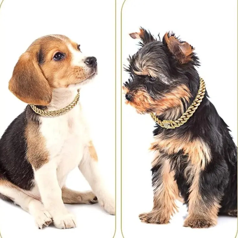 Gold Dog Chain Collars with Rhinestones - Sparkling Diamond Metal Cuban Link Collars for Small, Medium, and Large Dogs and Cats