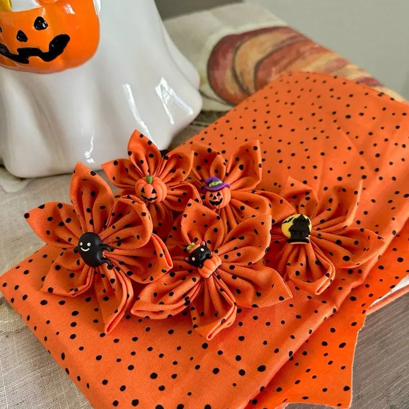 Halloween Floral Collars for Dogs and Cats - Available in 3 Inch and 4 Inch Sizes with Orange Polka Dot Design - Handcrafted Cotton Flowers for Festive Celebrations