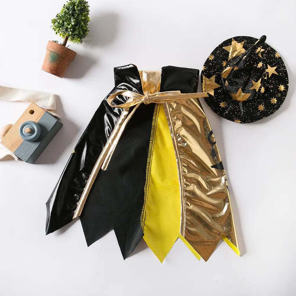 Elegant Halloween Witch Costume for Cats - Black and Gold Polyester Outfit with Magic Hat, Star Pattern Cape, and Matching Collar for Small to Extra Small Breeds